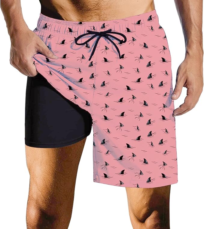 Mens Swim Trunks with Compression Liner Quick Dry Zipper Pocket Bathing
