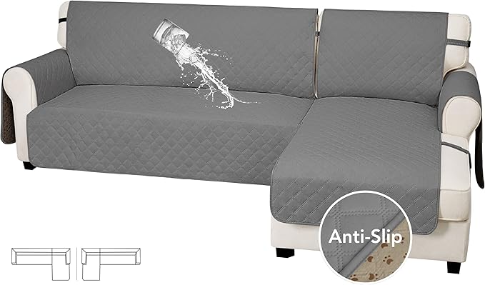 Easy-Going Waterproof Sectional Couch Covers with Chaise 2-Piece Non Slip L Shape Sofa Cover for Dogs Leakproof Furniture Protector Cover with Adjustable Strap for Pets (X-Large, Gray)