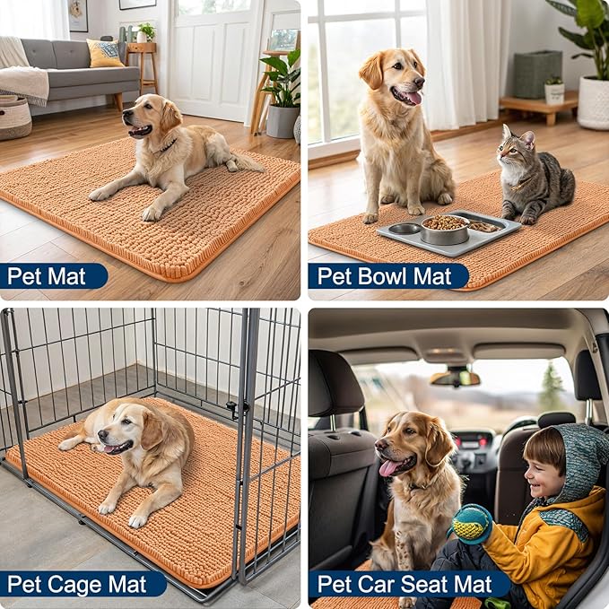 Smiry Dog Door Mat for Muddy Paws 70x24, Absorbs Moisture and Dirt Doormat, Non-Slip Washable Quick Dry Chenille Front Door Mat Indoor Entrance, Entryway Carpet for Inside Floor, Orange
