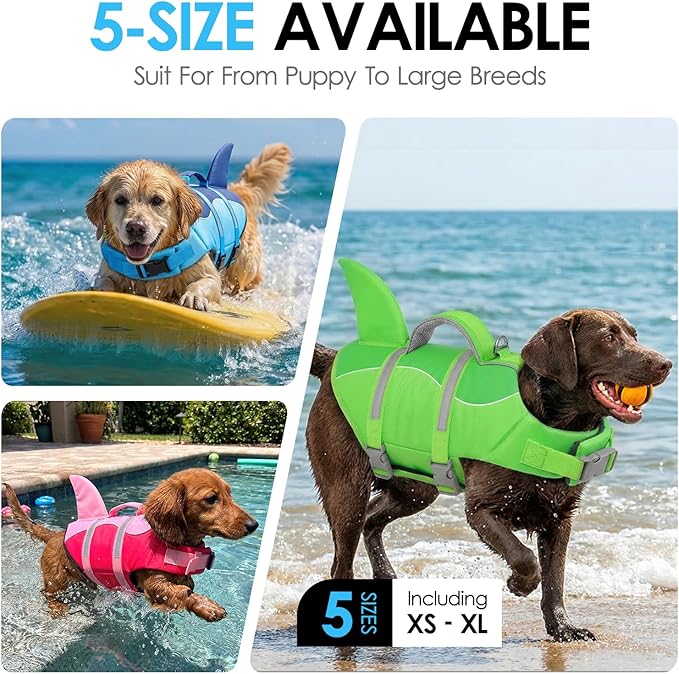 AOFITEE Dog Life Jacket, Shark Dog Life Vest for Swimming Boating, High Flotation Pet Lifesaver with Rescue Handle, Reflective French Bulldog Lifejacket, Swim Vest for Small Medium Large Dogs, M