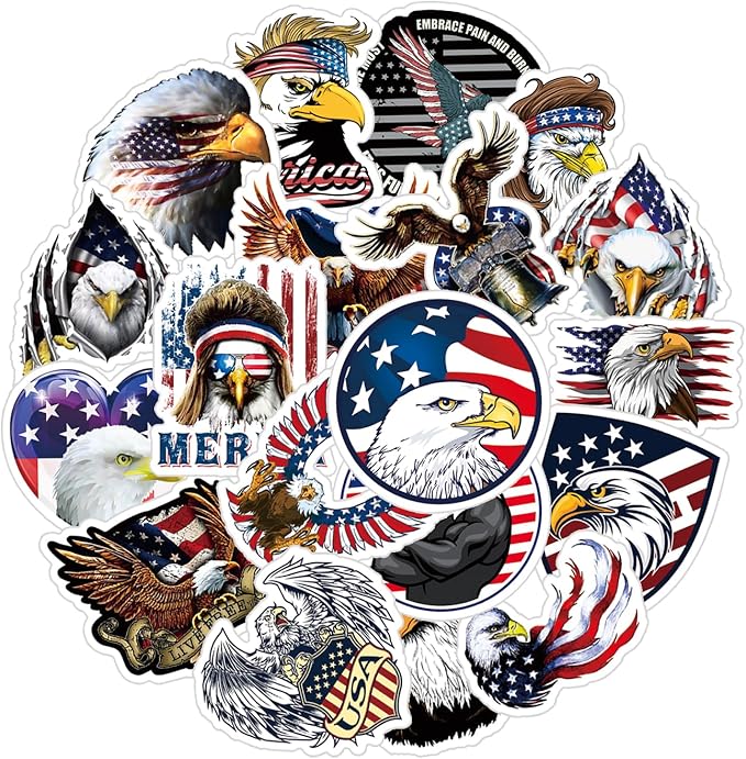 25pcs Cool Bald Eagle Animal Deacls Stickers Pack | American Flag Stickers for Water Bottle Skateboard Guitar Computer Laptop Phone Case Car Helmet