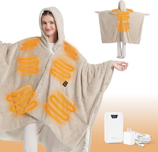 Bedsure Cordless Wearable Heated Blanket - Fluffy Electric Blanket Hoodie with 20000mAh Battery Pack, Portable USB Heated Shawl as Winter Gifts for Women Mom, 4 Heat Levels & 4 Timers, 55"x69", Cream