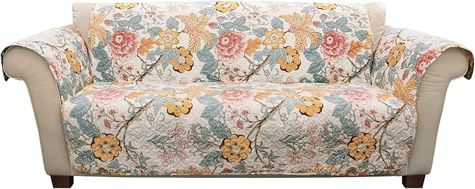 Lush Decor Sydney Furniture Protector, Couch Cover, 116" W x 75" L, Blue & Yellow - Flower Leaf Garden - Quilted Floral Sofa Cover - Country Cottage Slipcover - Pet Couch Covers