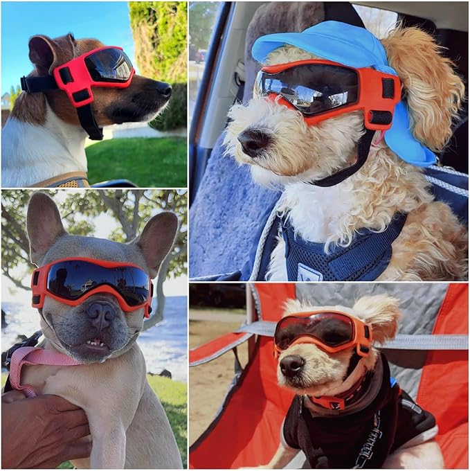 Enjoying Dog Sunglasses Medium Breed, Dog Goggles UV Protection, Cycling Eye Protection for Medium-Small Dogs, Outdoors Breathable Windproof Dustproof Anti-Fog, Adjustable Straps, Cool Orange