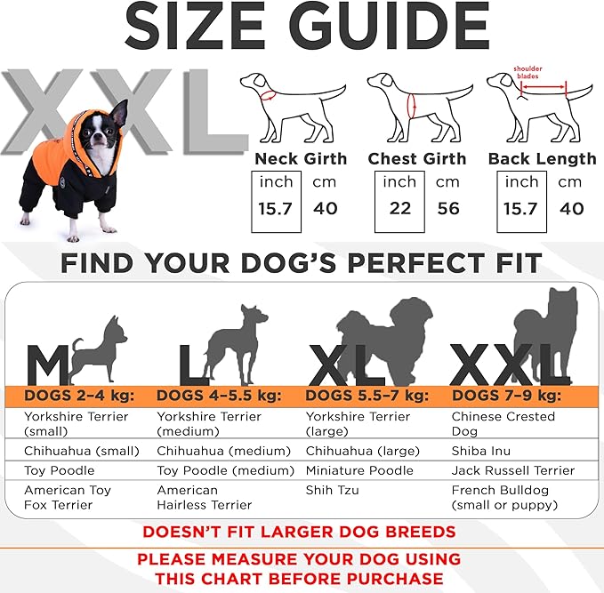Waterproof Full Body Winter Jacket for Dogs, Dogs Snowsuit, Perfect for Cold Weather, Ideal for Small and Medium Breeds (Orange, XXL:Chest 22'', Length: 15.7'')