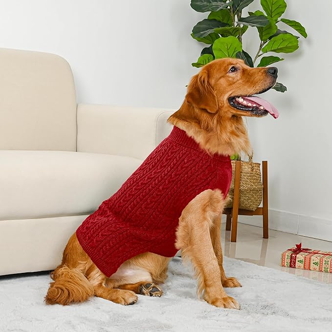 2 Pack Dog Sweaters for Large Dogs Winter Turtleneck Pullover Cable Knit Fleece Stretch Pitbull Labrador Golden Retriever Doberman Bulldog Boy Girl Pet Clothes (XL, Red & Green)