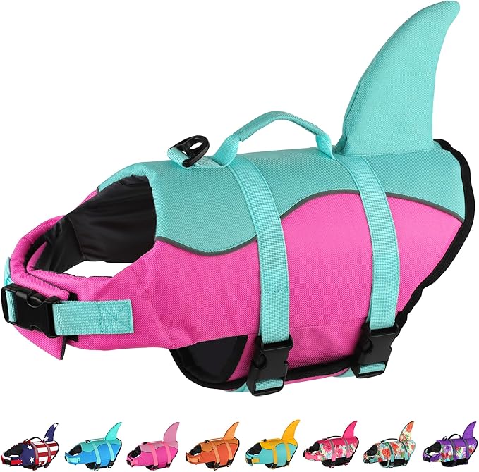 Dogcheer Dog Life Jacket Shark, Ripstop Dog Life Vest for Swimming Boating with Reflective Stripes & Rescue Handle, High Buoyancy Pet Swim Vest for Small Medium Large Dogs - Pink & Green, M