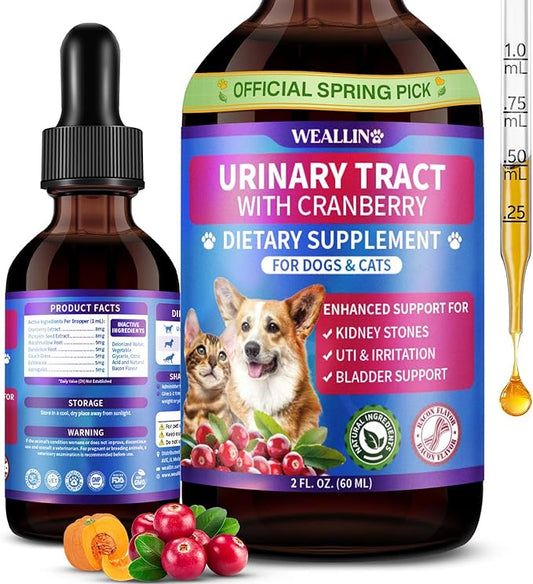 Cat & Dog Natural Urinary Tract Infection Treatment with Cranberry, Kidney, and Bladder Support Supplement, Support for Urinary Comfort & Bladder Flow – Pet Renal Care Support Drops