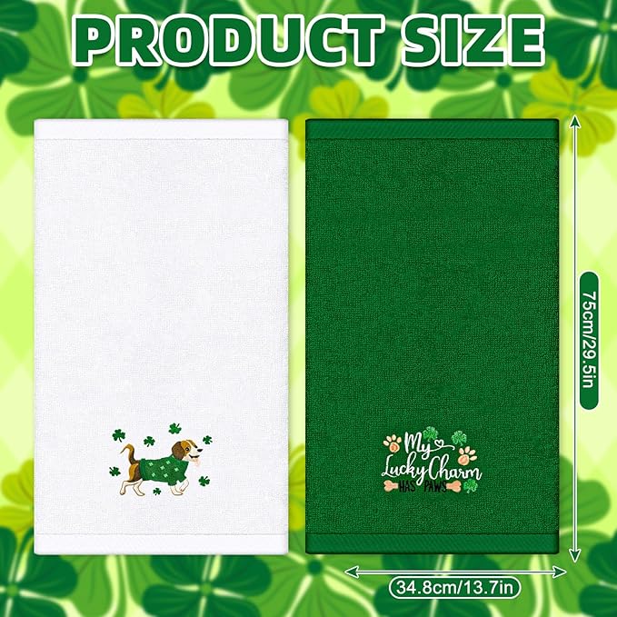 Whaline St. Patrick's Day Hand Towels Embroidered Cotton Bathroom Towel Dog Shamrock Clover Absorbent Bath Towel for Kitchen Dish Drying Cleaning Cooking, 29.5 x 13.7 Inch, 2Pcs