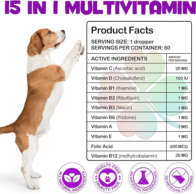 15-in-1 Dog Multivitamin Drops for Dogs | Liquid Multivitamin with Glucosamine, MSM & Omega for Joint, Heart, Immune & Skin Health | Easy Liquid Drops for Picky Eaters