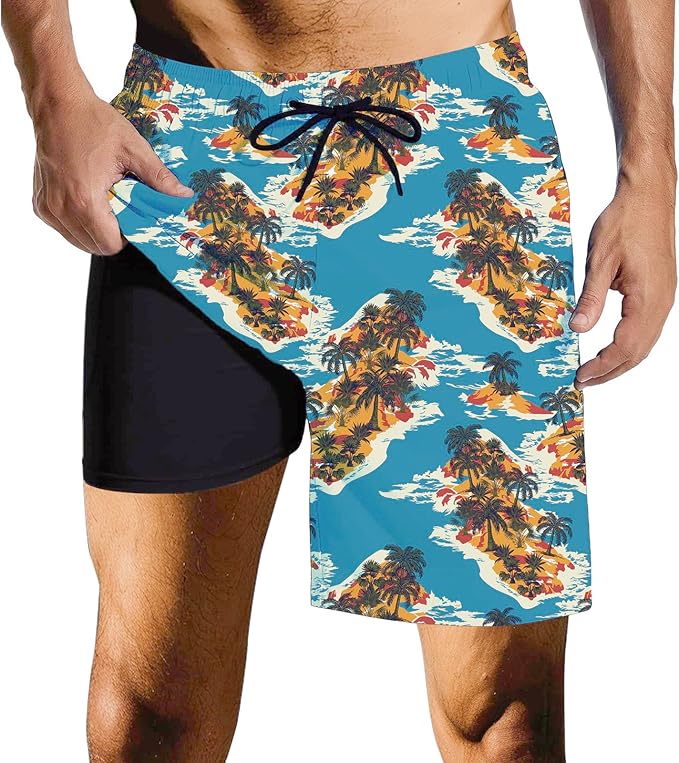 Mens Swim Trunks with Compression Liner Quick Dry Zipper Pocket Bathing