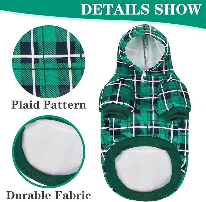 EXPAWLORER Plaid Dog Hoodie - British Style Warm Dog Sweater Shirt with Leash Hole,Pitbull Clothes Outfits,Winter Coat Apparel for All Breeds Puppy Girl Boy-Cat Apparel,Green X-Large