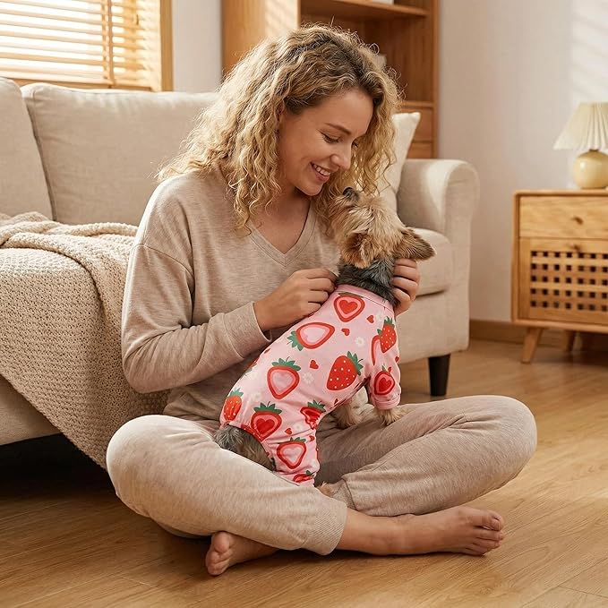 Dog Pajamas Spring Summer Dog Clothes for Small Medium Dogs Strawberry Print Girl Boy Cute Soft Puppy Pjs Clothes Doggie Onesies Cat Pet Jammies Outfit(Strawberry,M)
