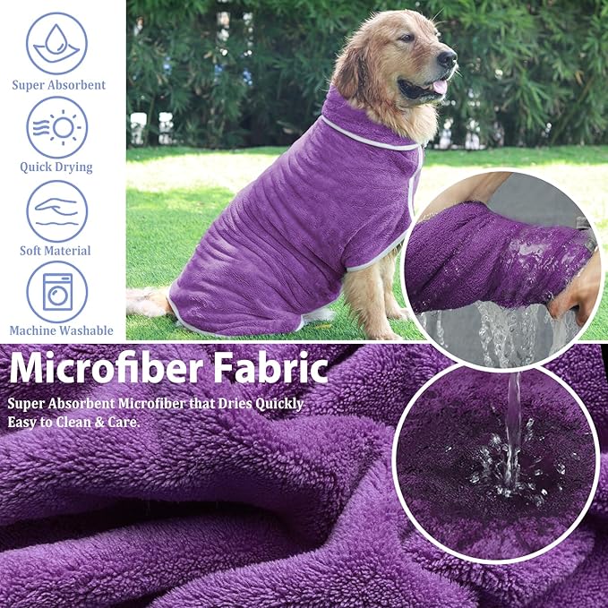 Dog Bathrobe Towel Dog Drying Coat - Super Absorbent Towels Bath Robe for Dogs Large, Soft Adjustable Collar & Belly Strap Fast Drying Coat Pet Cat Bath Robe (Violet, X-Large)