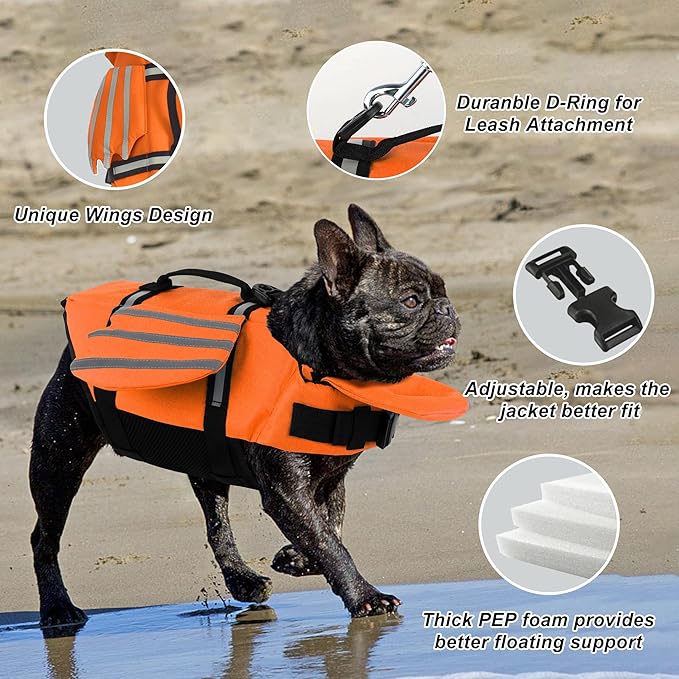 Dog Life Jacket, Cute Wings Adjustable Dog Life Vest with Chin Float and Handle for Swimming Boating Reflective High Buoyancy Swim Float Vest for Small Medium Large Dogs (Orange, XS)