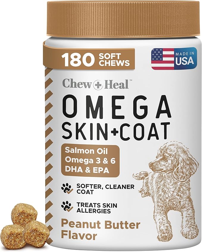 Omega 3 Fish Oil for Dogs, 180 Soft Chews - Salmon Oil Skin & Coat Supplement, Allergy & Itchy Skin Relief, Hot Spots, Anti Shedding - EPA DHA Omega 3 6 9 Fatty Acids, Vitamins - Peanut Butter Flavor