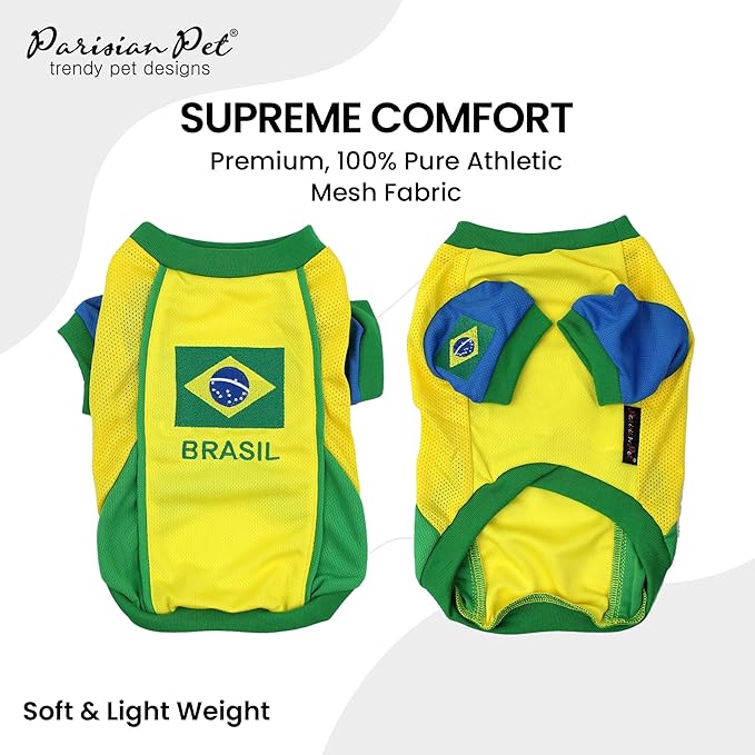 Parisian Pet Team Brazil Dog Jersey - Breathable Mesh Puppy Football Jersey - Lightweight Stretch Sporty Dog Clothes - Summer Shirts for Small Dogs - Soccer Jersey for Dogs - Sportswear Pet Clothes