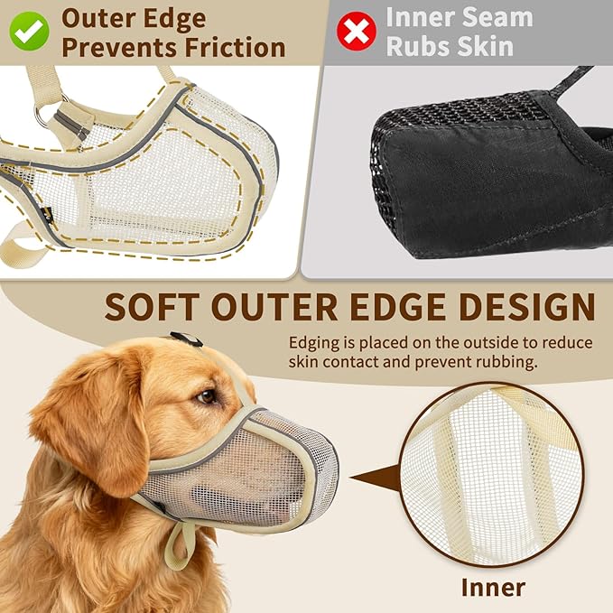 Mayerzon Dog Muzzle to Prevent Biting Scavenging Chewing, Soft Mesh Puppy Muzzles for Small Medium Sized Dogs, Breathable Reflective Adjustable Mouth Guard for Grooming Walking Training (S, Khaki)