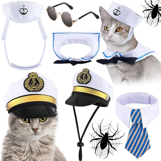 Weewooday 5 Pcs Halloween Cat Sailor Costume Set Captain Hat for Dog Cat Sailor Hat Small Pet Tie Collar Necktie Sunglasses Navy Costume Outfit for Puppy Kitten Halloween Cosplay Parties Photo Props