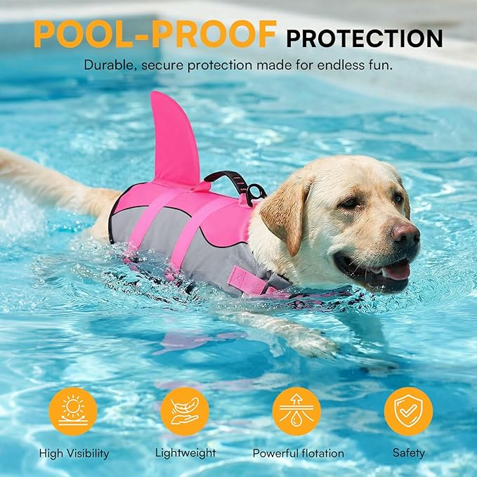 Queenmore Dog Life Jacket Ripstop Shark Dog Safety Vest Adjustable Preserver with High Buoyancy and Durable Rescue Handle for Small,Medium,Large Dogs, Pink Shark Small