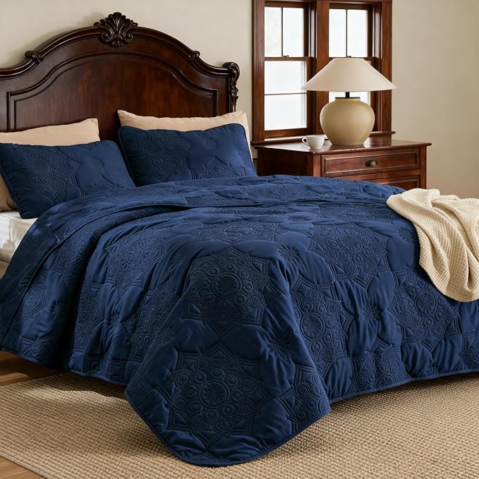 Bedsure Quilts Queen Size - Stitch-Free Ultrasonic Quilting, Navy Blue Bedspread with Modern Vintage Mandala Embossed Pattern, Lightweight All-Season Comforter & Coverlet, 90 x 96 Inches | Stitch-Free Quilting, Ultra Soft, Lightweight, Machine Washable...