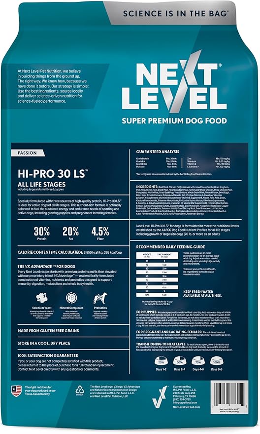 Next Level Super Premium Dog Food – HI-PRO 30 LS™ – Dry Kibble for Dogs for All Life Stages All Breeds – 30% Protein, Gluten Free Grains - High Energy and Active Dogs & Puppies