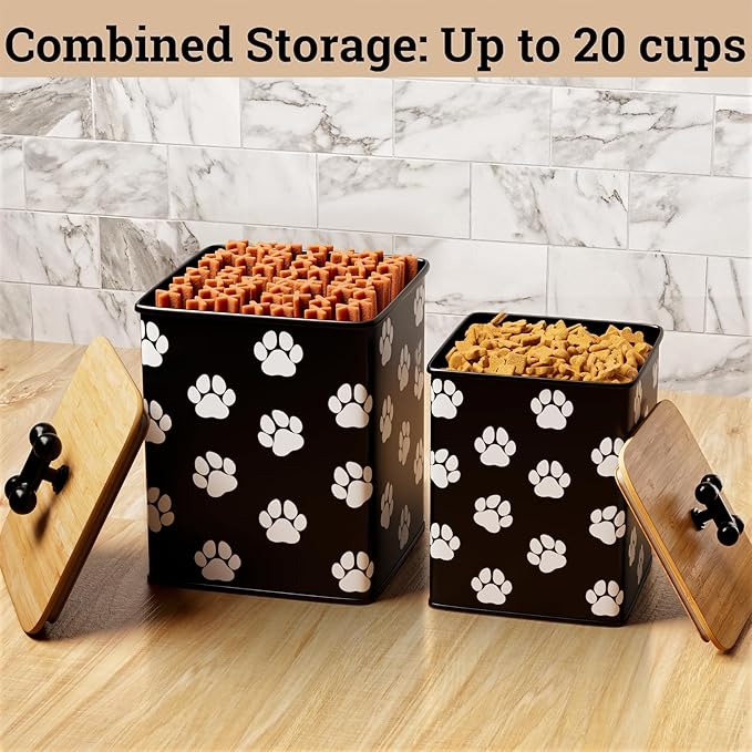 Dog Treat Container Airtight Set of 2 - 8x6 & 7x5 inch Iron Dog Treat Jars for Kitchen Counter with Airtight Bamboo Lids - 20 Cup Capacity Pet Treat Container Set - Doggie Cookie Jar - Treats Canister