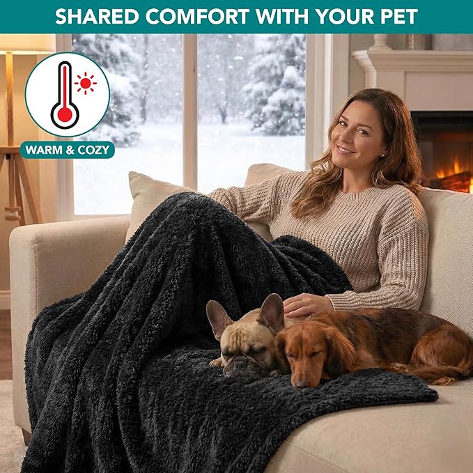 PetAmi Fluffy Waterproof Dog Blanket for Small Medium Dogs, Soft Warm Pet Sherpa Throw Pee Proof Couch Cover, Reversible Cat Puppy Bed Blanket Sofa Protector, Plush Washable Pad (Black, 24x32)