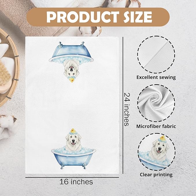 Funny Great Pyrenees Gifts Bathroom Hand Towel, Great Pyrenees Duck Gifts Hand Towel for Bathroom Kitchen Washroom Decor, Funny Dog in Bathtub Dish Tea Towels, 16x24 Inch