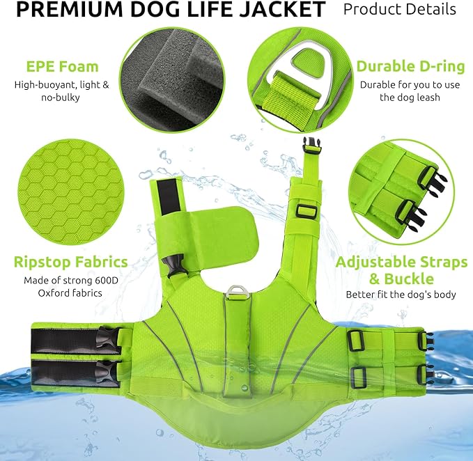 Queenmore Dog Life Jacket with Front Float, Adjustable Ripstop Dog Life Vest for Swimming Boating, Pet Lifesaver with Rescue Handle, Enhanced Buoyancy Cat Pool Float (Green,L)