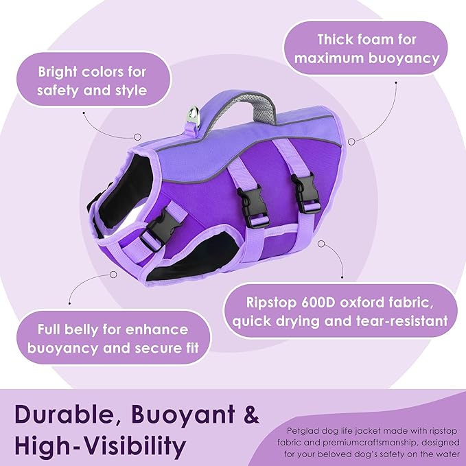 Dog Life Jacket, High Buoyancy Dog Life Vest with Handle for Swimming Boating, Adjustable Swimming Vest with Reflective Trim for Small Medium Large Dogs - Purple, XL