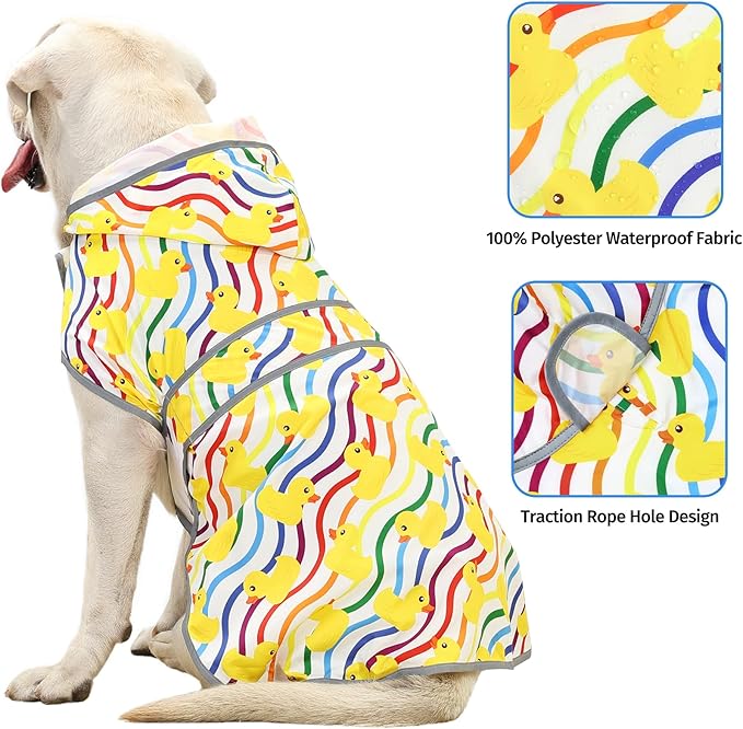 Dog Raincoat for Large Dogs Waterproof Jacket Hooded Rain Coats with Reflective Strips Leash Hole & Poncho Adjustable Fit (Rainbow,XL)