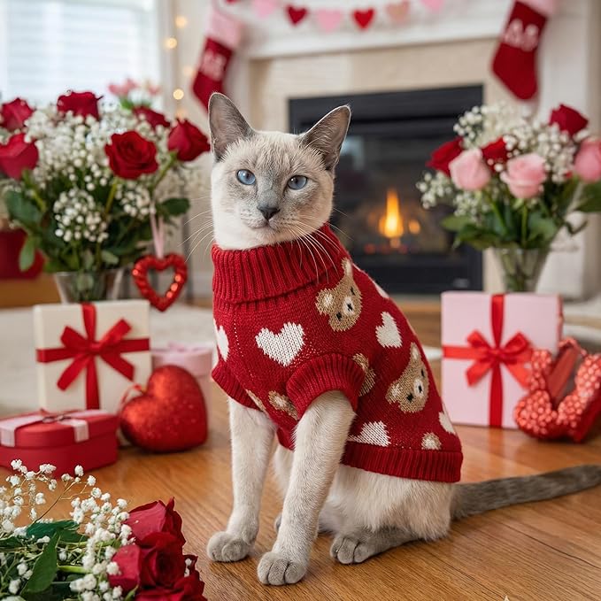 Vehomy Puppy Valentine's Sweater Dog Cat Love Heart Sweater Sweet Heart Kitten Knitwear Clothes Cute Small Pet Valentines Outfit Costume for Cats Small Dogs L