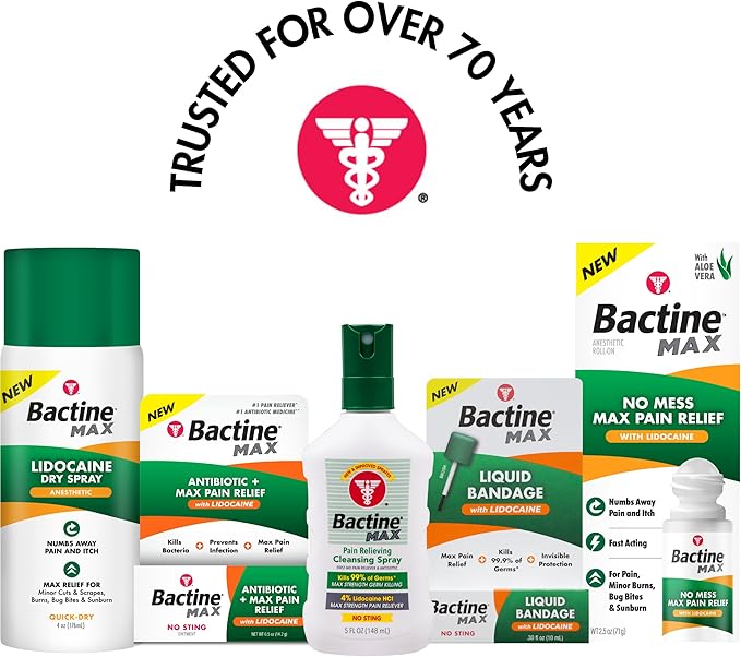 Bactine Max Pain Relieving Antiseptic Spray with Lidocaine, First Aid Pain + Itch Relief, No-Sting, Kills 99% of Germs*, 5oz