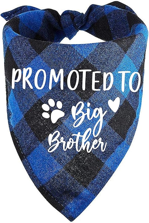 Family Kitchen Promoted to Big Brother Blue Plaid Dog Bandana, Gender Reveal Photo Prop Triangle Pet Scarf Scarves Decorations Accessories, Pet Scarves Dog Lovers Gift