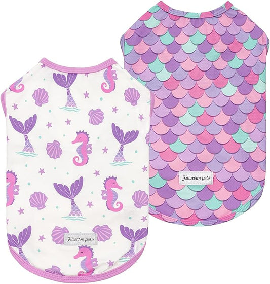 Fitwarm 2 Pack Mermaid & Scale UPF 50+ UV Sun Protection Dog Shirt, Lightweight Cooling Vest, Quick Dry Summer Clothes for Small Dogs Girl, Pet Outfit, Purple, Pink, White, Medium
