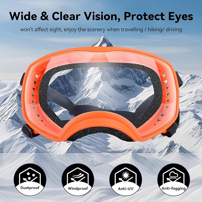 NAMSAN Clear Dog Goggles for Large Dogs, Wide Eyecup & Soft Frame, Anti-UV Sunglasses for Dogs Medium to Large Breed, Driving Dog Eye Protection, Windproof Dustproof, Adjustable, Orange