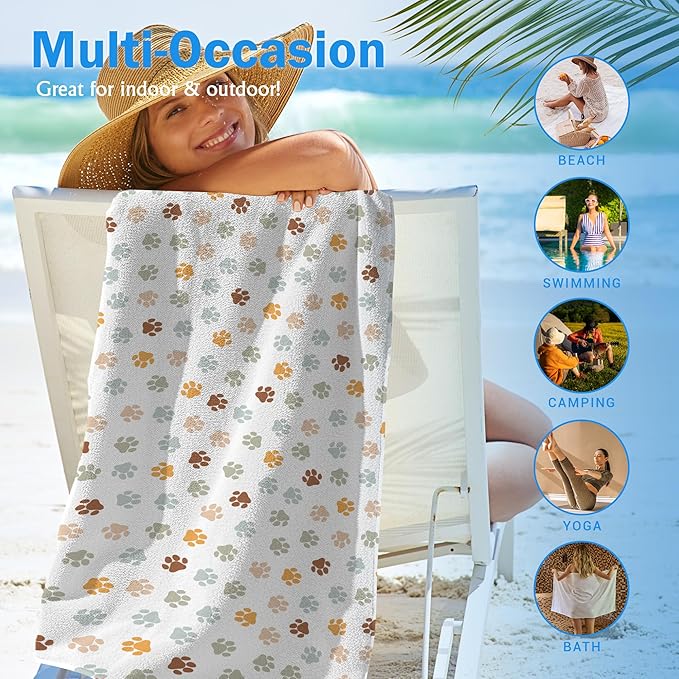 Boho Paws Dog Pet Beach Towel Gifts for Women Dog Lovers Owner, Funny Cute Quick Dry Travel Sand Free Beach Towels Oversized Decor for Bathroom Swimming Pool 30x60in