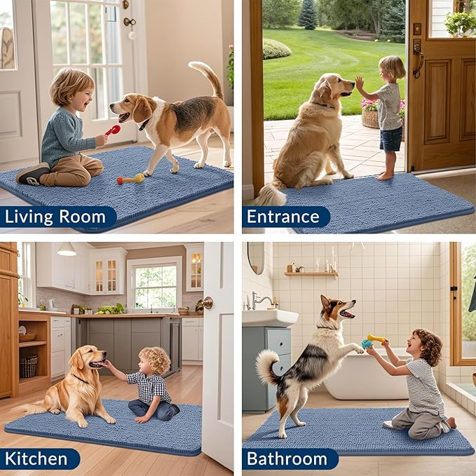 Smiry Dog Door Mat for Muddy Paws 71x46, Absorbs Moisture and Dirt Doormat, Non-Slip Washable Quick Dry Chenille Front Door Mat Indoor Entrance, Entryway Carpet for Inside Floor, Airy Blue