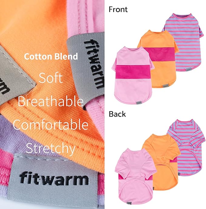 Fitwarm 3 Pack Color Block Striped Dog Shirt, Summer Dog Clothes for Small Dogs, Breathable Lightweight Dog Tshirt, Pet Outfit, Pink, Orange, Purple, XS