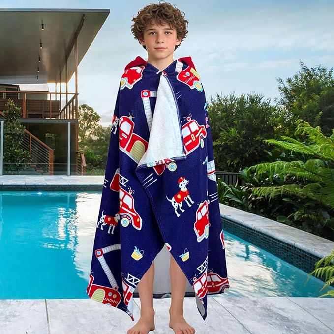 VOOVA & MOVAS Hooded Beach Towels for Teens & Big Kids (8Years Up) | 100% Cotton Thick Soft Absorbent Towel Wrap for Beach, Pool, Swim & Bath | Fire Truck Design