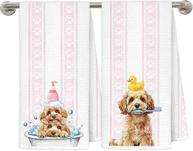 Funny Goldendoodle Bathroom Hand Towels, Golden Doodle Gifts, Pink Paws Doodle Dog Decorative Hand Towels for Washroom Restroom Toilet, Dog Bathroom Decor, 16x24 Inch Set of 2