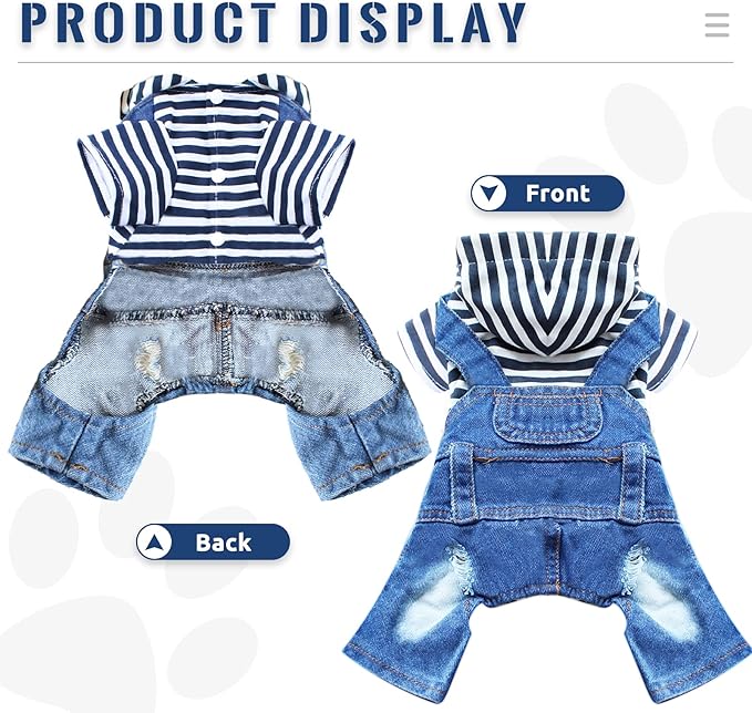 Small Dog Hoodie Clothes Cute Stripe Shirts Denim Jumpsuit One-Piece Outfit for Small Medium Dogs Cats Boy Girl Chihuahua Blue Jeans Overalls Puppy Costume (Blue,XXL)