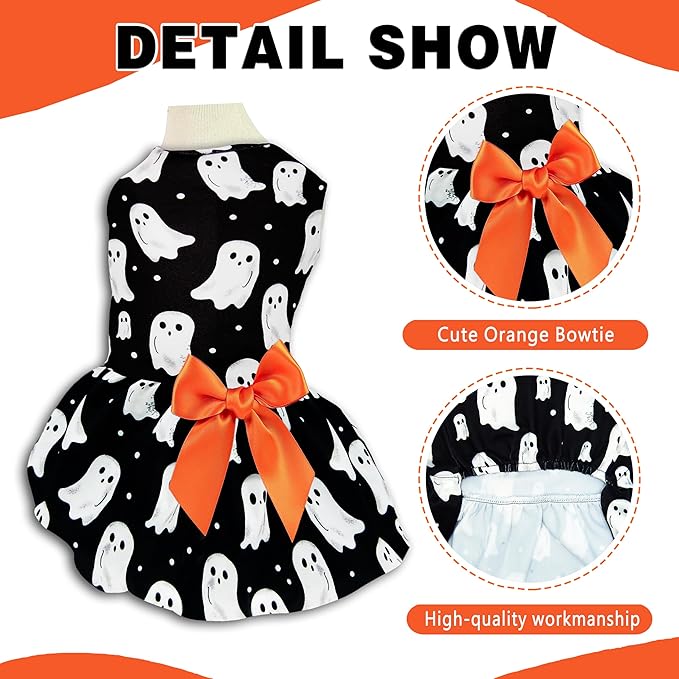 Halloween Dog Dress Ghost Print Pet Costume with Orange Bow Soft Fabric 5 Sizes for Small & Medium Dogs Cute & Comfortable Holiday Outfit