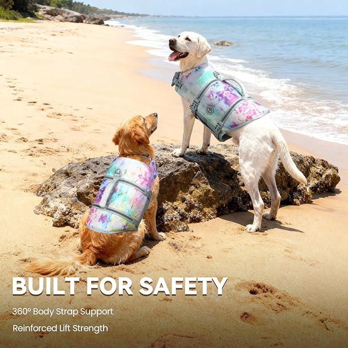 VIVAGLORY Rip Stop Dog Life Vest, Swimming Vest with Handle, Buoyancy for Doggy Puppy, Dog Life Jacket for Swimming & Boating, XL, Multicolor
