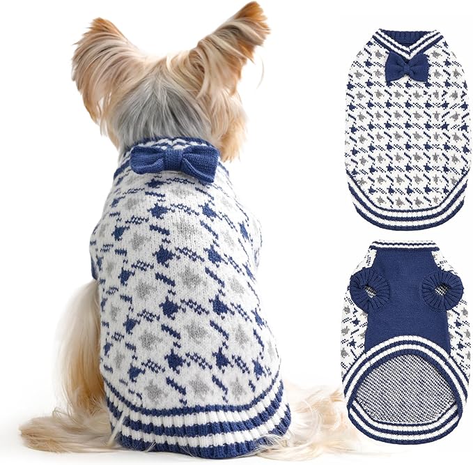 Small Dog Sweaters, Pet V-Neck Doggy Clothes, Knit Sweater for Pomeranian, Bichon, Frise, Pug, Yorkie, Cat Cold Weather Outfit (Blue, L)