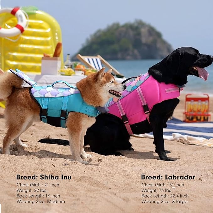 cyeollo Dog Life Jacket Reflective Mermaid Dog Life Vest for Swimming Boating, High Buoyancy Pet Life Preserver Lightweight Large Dogs Lifejackets with Front Float, Pink XL