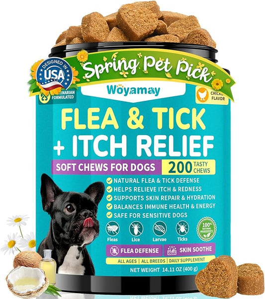 Flea & Tick + Itch Relief for Dogs Chewables, Flea and Tick Prevention for Dogs, Dog Allergy Chews, Dog Itching Skin Relief & Skin Repair, Flea Treatment Dogs, 200 Soft Chews, Chicken Flavor