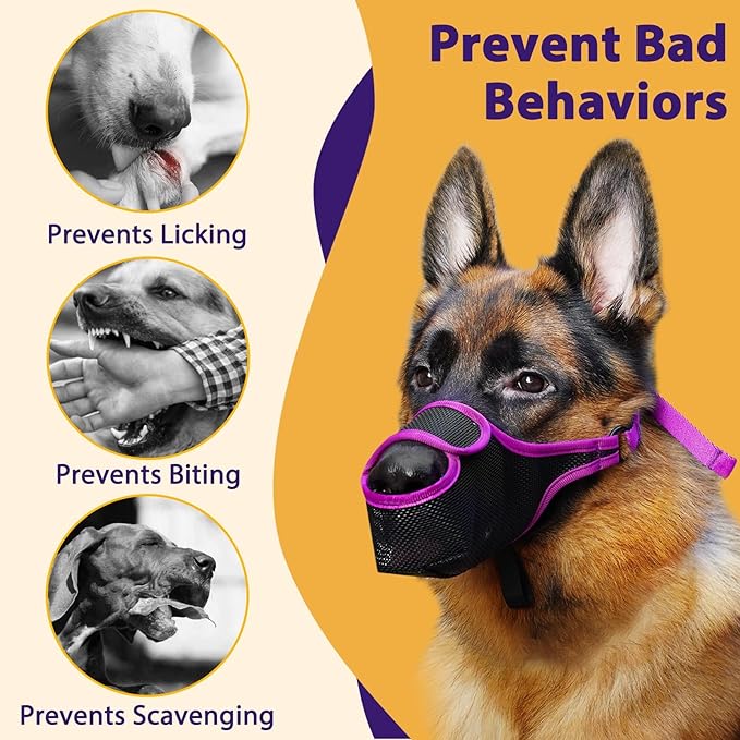 LUCKYPAW Dog Muzzle, Patented Mesh Muzzle for Large Medium Small Dogs Allows Full Pant Drinking Mouth Cover to Prevent Biting Chewing Scavenging Adjustable Breathable Mouth Guard(Purple,XL)