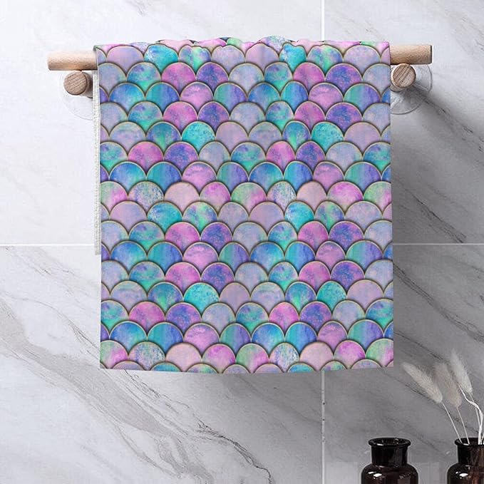 Hand Towels Set of 2 Mermaid Fish Scale Wave Towels for Bathroom Soft Absorbent Decorative Hand Bath Towels Dish Towels for Kitchen Sports Gym Yoga Home Decor 14 x 28 in